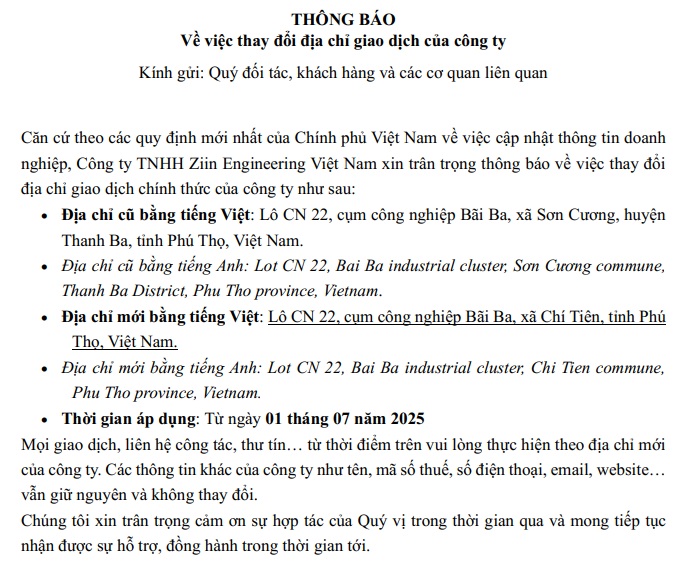 Thông báo thay đổi địa chỉ từ 01/07/2025